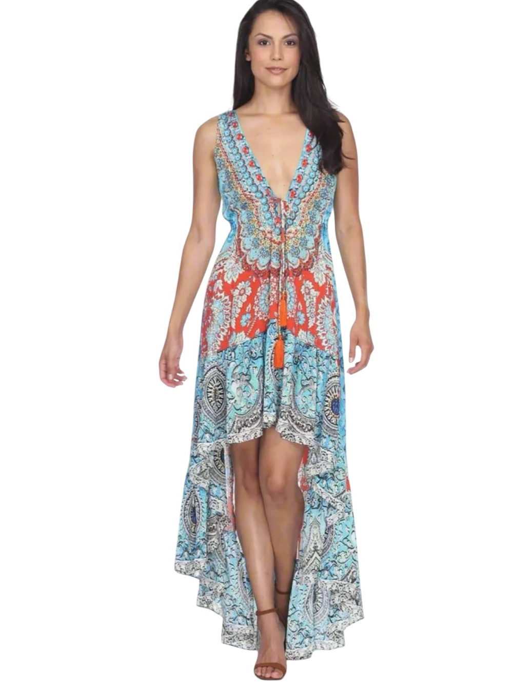 NWT LA MODA CLOTHING HI LOW MAXI BEACH COVER UP WITH RUFFLE HEM SIZE S/M